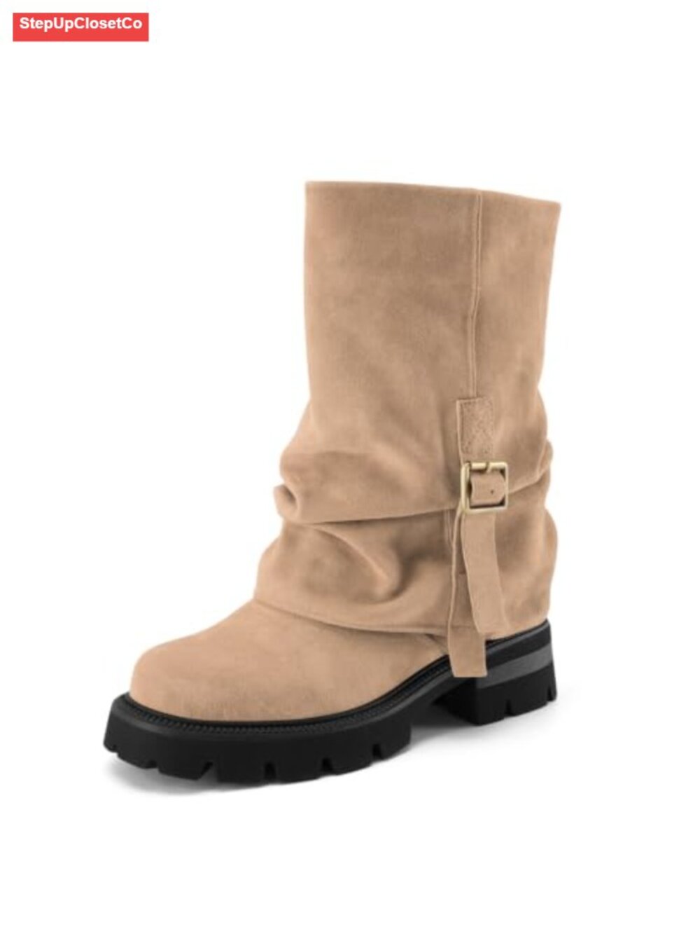 Suede Platform Fold Over Slouch Mid Calf Pull On Boots